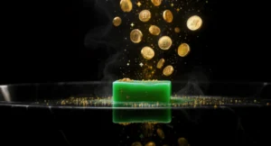 Un savon artisanal spécial agit comme un aimant, attirant vers lui des symboles de chance et de richesse. L'image illustre le concept du Savon de Chance comme un outil énergétique conçu pour rendre son utilisateur magnétique aux opportunités et au succès