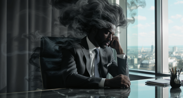 Un homme d'affaires prospère, l'air abattu, est assis dans son bureau. Une ombre brumeuse et sombre, invisible aux autres, pèse sur lui, représentant la malchance persistante et le mauvais œil qui sabotent ses efforts malgré les apparences de succès.