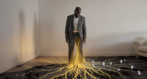 Un homme debout voit des racines de lumière dorée jaillir de ses pieds et s'enfoncer dans le sol, le connectant à des figures spirituelles de ses ancêtres. L'image symbolise le lien énergétique vivant et puissant qui nous unit à notre lignée et l'héritage invisible qu'elle nous transmet.