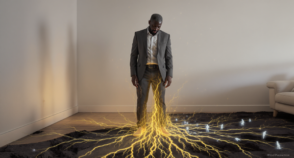 Un homme debout voit des racines de lumière dorée jaillir de ses pieds et s'enfoncer dans le sol, le connectant à des figures spirituelles de ses ancêtres. L'image symbolise le lien énergétique vivant et puissant qui nous unit à notre lignée et l'héritage invisible qu'elle nous transmet.