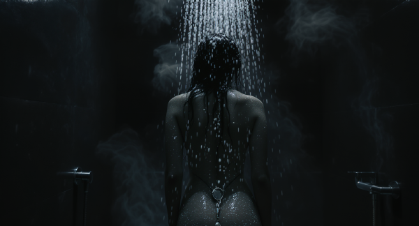 Une personne sous la douche, où les gouttes d'eau sont transformées en perles de lumière qui lavent et emportent une fine poussière sombre de sa peau. La scène illustre comment l'utilisation du Savon Liberté transforme une simple douche en un puissant rituel de purification énergétique.