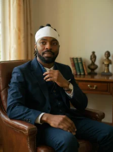 Un portrait chaleureux et professionnel d'un guide spirituel moderne, Ulrich Zinsou, qui allie sagesse ancestrale et outils contemporains. Son expression est empreinte de compassion et d'écoute, le présentant comme un confident accessible et non comme un marabout intimidant.