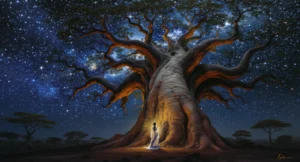 Un arbre de vie majestueux, dont le tronc est fait des visages des ancêtres, symbolise la spiritualité Vodoun. L'image révèle la profondeur, la sagesse et la connexion cosmique de cette tradition, loin des clichés réducteurs de magie noire.