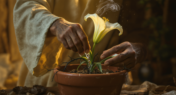 Des mains bienveillantes prennent soin d'une plante d'amour flétrie, non pas en la forçant, mais en retirant les mauvaises herbes autour d'elle et en l'arrosant de lumière. La scène représente les rituels de retour d'affection comme un travail éthique de nettoyage et d'harmonisation, créant les conditions pour que l'amour puisse renaître naturellement