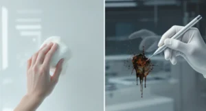 Une image divisée en deux : d'un côté, un simple nettoyage de surface ; de l'autre, l'extraction experte d'une tache incrustée. Cette dualité illustre la différence entre la purification énergétique générale et le désenvoûtement, une intervention spirituelle plus profonde et ciblée.