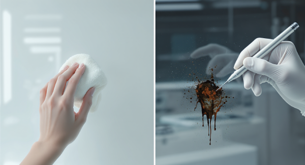 Une image divisée en deux : d'un côté, un simple nettoyage de surface ; de l'autre, l'extraction experte d'une tache incrustée. Cette dualité illustre la différence entre la purification énergétique générale et le désenvoûtement, une intervention spirituelle plus profonde et ciblée.