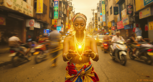 Au cœur d'une intersection chaotique et floue, une personne trouve la clarté grâce à un ancien outil de divination qui projette un chemin de lumière à ses pieds. L'image représente la consultation du Fa comme un "GPS spirituel" offrant une direction claire dans les moments confus de la vie.