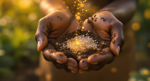 Les mains d'une femme, pleines de terre fertile, tiennent délicatement des graines qui luisent d'une lueur dorée. L'image symbolise la culture de l'abondance et de la prospérité, non pas par hasard, mais par un soin et une intention énergétiques.