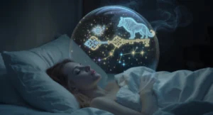 Une personne dormant, tandis qu'au-dessus d'elle, ses rêves forment des symboles lumineux qui s'organisent en un message cohérent. L'image dépeint les rêves non comme un chaos, mais comme des communications signifiantes du subconscient et du monde spirituel, un langage à décrypter.