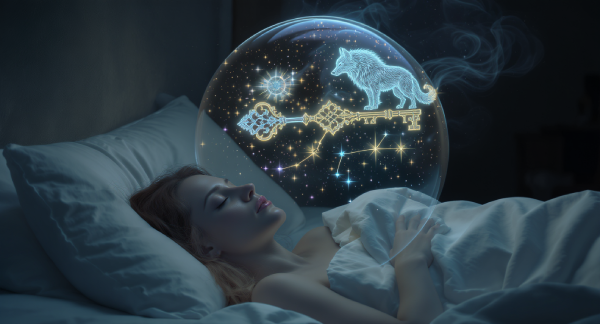 Une personne dormant, tandis qu'au-dessus d'elle, ses rêves forment des symboles lumineux qui s'organisent en un message cohérent. L'image dépeint les rêves non comme un chaos, mais comme des communications signifiantes du subconscient et du monde spirituel, un langage à décrypter.